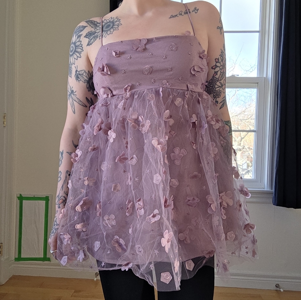 Trixxi Lavender 3D Floral Appliqué Tulle Babydoll Top - Picture 2 of 10